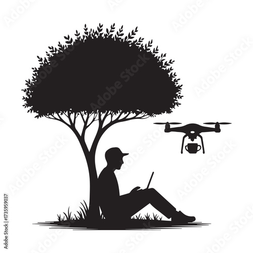 Vector art of silhouette of a man sitting under a tree with a laptop while a drone hovers nearby