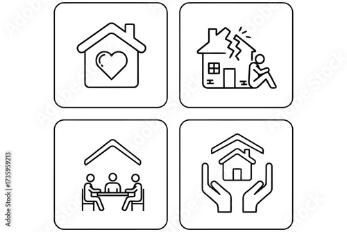 Vector art of collection of line art icons depicting home, heart, family, and protection, ideal for real estate, insurance, or social services related designs