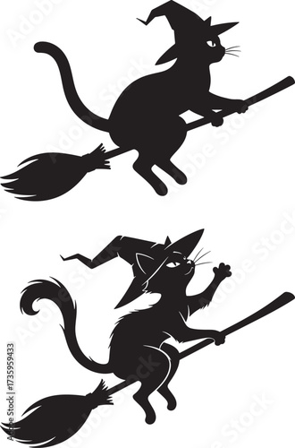 Set of two black cat silhouettes wearing witch hats and flying on broomsticks, Halloween vector illustration.