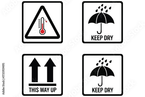 Vector art of set of packaging symbols keep dry, this way up, temperature limit warning sign with thermometer and umbrella for cargo and delivery services