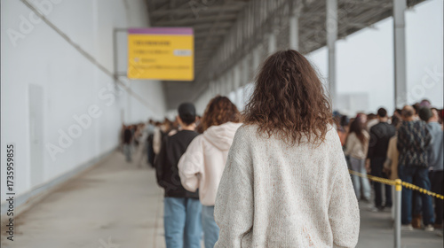 A long queue of diverse people waiting at an airline check-in desk, with a digital display showing information in a modern airport setting