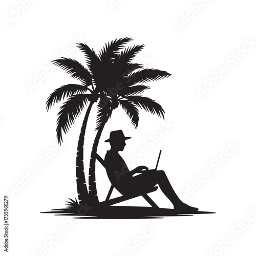 Vector art of silhouette of a man working on a laptop under a palm tree, represents remote work, digital nomad lifestyle