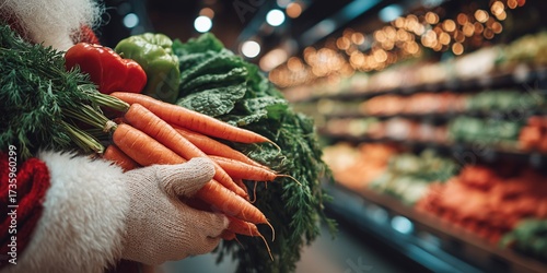 Santa claus holding fresh vegetables in grocery aisle surrounded by holiday lights