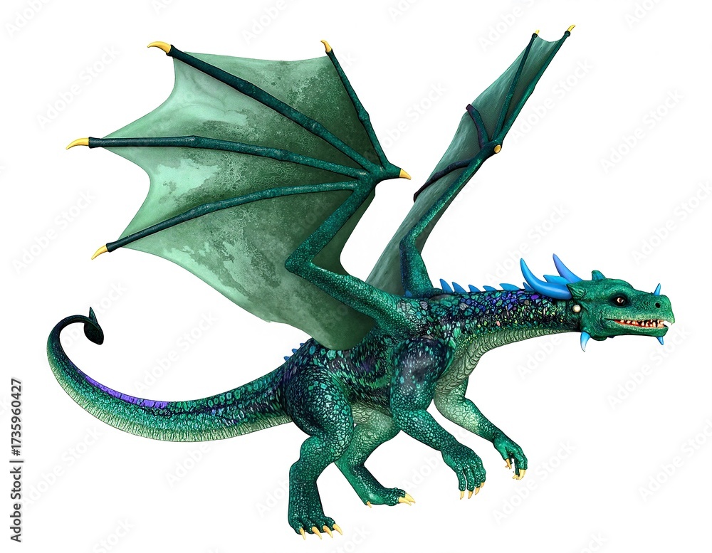 Fototapeta premium A vibrant green dragon with shimmering blue wings and bright yellow feet stands majestically, its scales glistening in the sunlight, exuding a magical aura.