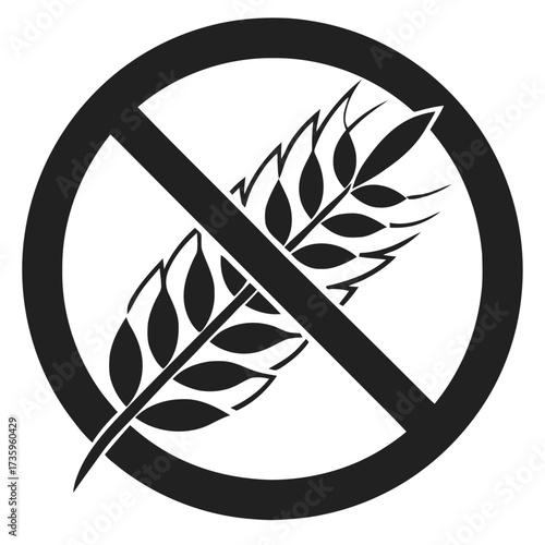 A circular symbol with a crossedout wheat stalk isolated on white background, indicating glutenfree food products, catering to dietary needs and healthconscious consumers