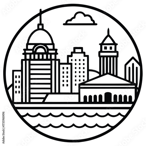 A minimalist black and white illustration of a city skyline with various buildings and structures along the waterfront, enclosed within a circular frame isolated on white background