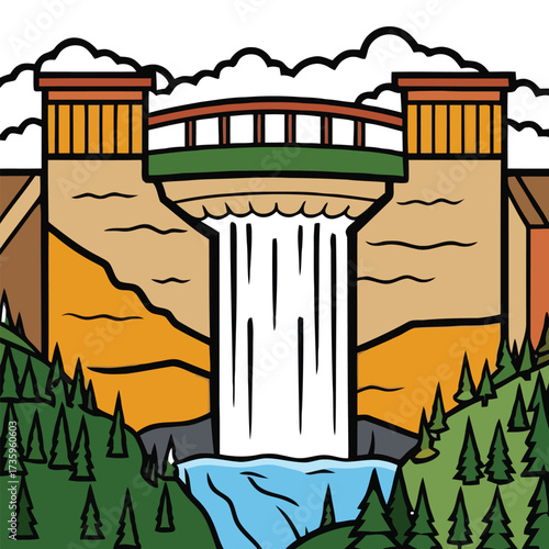A vibrant illustration depicts a waterfall cascading from a dam, surrounded by lush green trees and fluffy white clouds, creating a picturesque scene of natures beauty and engineering marvel