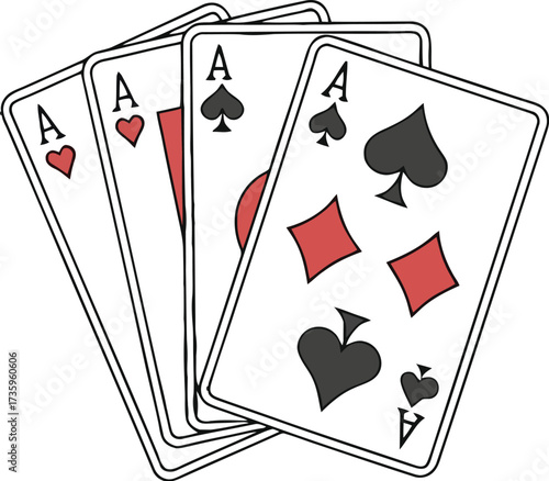 A set of four playing cards, each displaying an ace with different suits, isolated on white background, creates a classic and recognizable image associated with games and chance