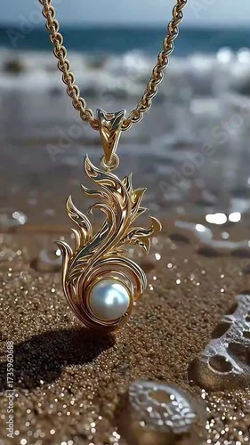 Luxury Gold Necklace with Pearl Pendant on Sandy Beach
