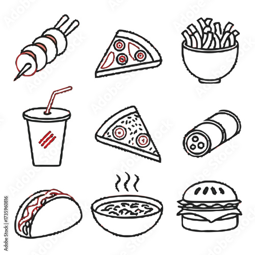 Line art illustration of various fast food items including pizza, burger, fries, and soda, arranged in a grid pattern, isolated on white background the design is simple and clean