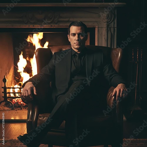 Man in Elegant Suit Sitting by Fireplace in Dark Room
