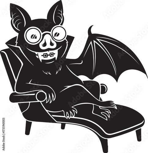 Funny cartoon vampire bat with glasses and braces relaxing on a therapist's chaise lounge, black and white vector illustration.
