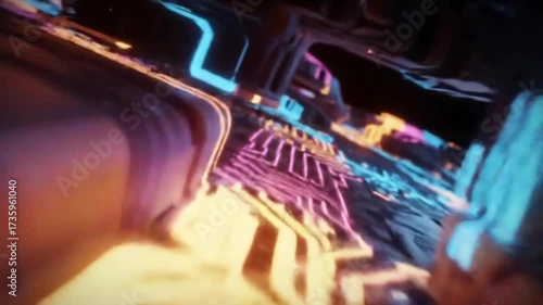 Abstract view of brightly lit digital circuitry with glowing patterns in a futuristic environment