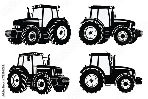 Vector art of collection of four tractor silhouettes, showcasing different models and perspectives, ideal for agricultural, farming, and machineryrelated themes