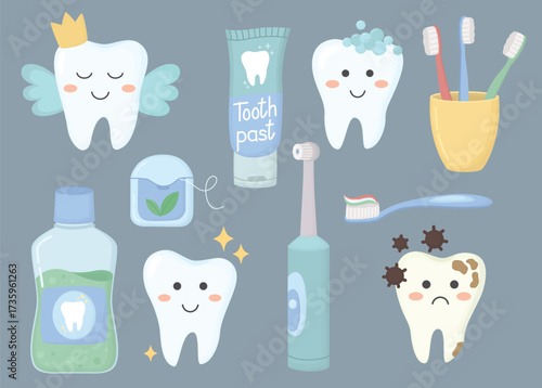 Illustration of cheerful teeth and oral hygiene products. Set with toothbrushes, toothpaste, dental floss, mouthwash