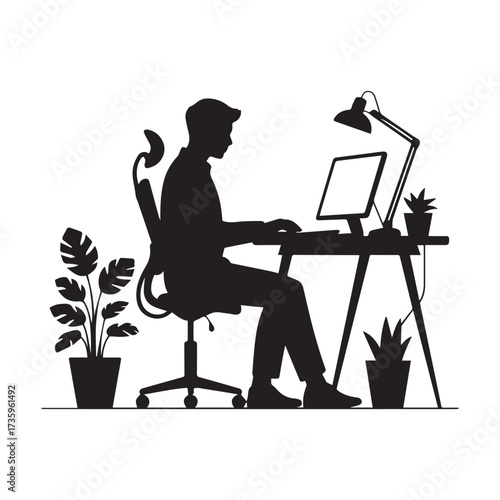 Vector art of silhouette of man working at desk concept of remote work, freelance, or home office lifestyle