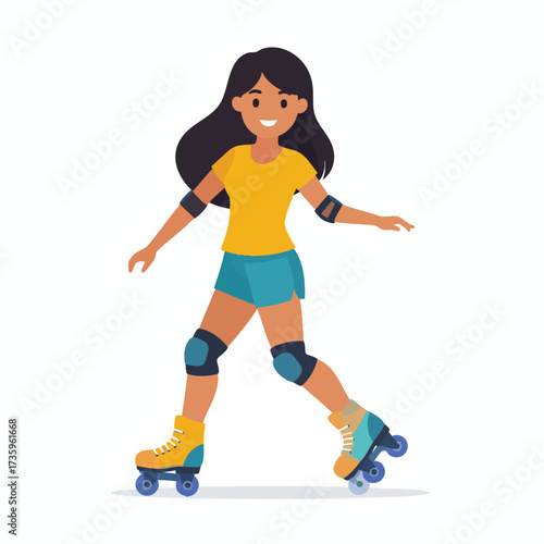 A smiling young woman glides gracefully on roller skates, enjoying leisure time.