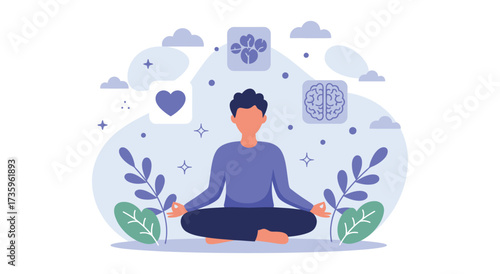 Meditating person with mental health icons vector illustration for wellness and mindfulness isolated on a white background