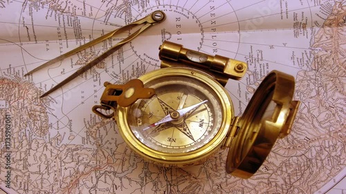 Antique compass on a Victorian Map from 1890  showing unexplored areas of the world at that time 