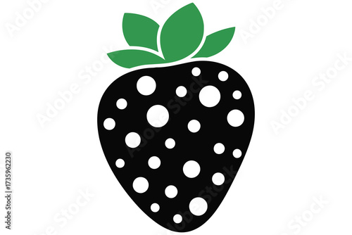 Vector art of a black strawberry with white spots and green leaves, a simple and modern design perfect for summer, healthy eating, or a fun, fruity theme