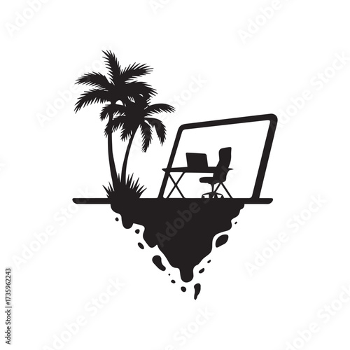 Vector art of tropical island with palm trees and a laptop on a desk, , symbolizing remote work