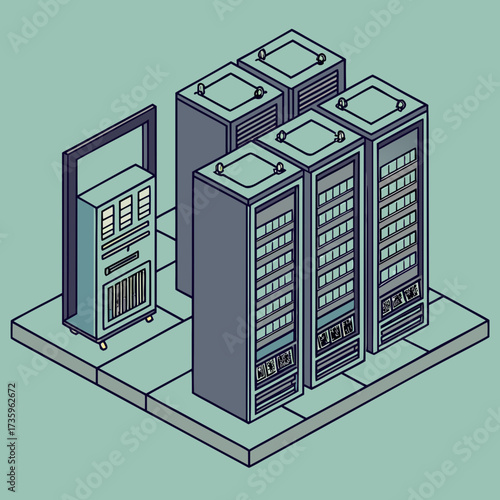 Isometric illustration of server room with racks and cooling system unit
