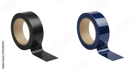 Black and blue electrical insulation tape rolls isolated on white background, perfect for repair and wiring projects