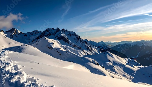 Snowy mountain peaks at sunrise (1)