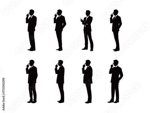 Silhouettes of men in suits showcase different poses of contemplation and decision making. The figures express a range of emotions and stances, emphasizing focus.