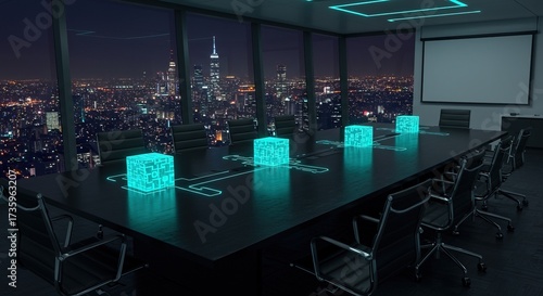 High-tech corporate meeting room with glowing digital cubes on the table and a panoramic nighttime view of a modern city skyline