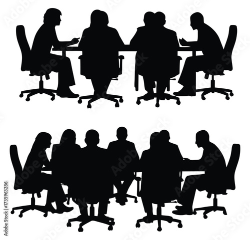 Silhouette of business people sitting at conference tables in a meeting room setting illustration