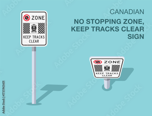 Traffic regulation rules. Isolated canadian "no stopping zone, keep tracks clear" road sign. Front and top view. Flat vector illustration template.