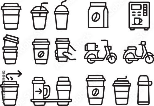 Vector icon set of 15 coffee essentials, bold dark outline, clean minimal stroke, white background, no color, no gradient, consistent line weight, professional modern icon pack.
