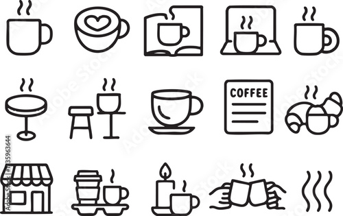 Vector icon set of 15 coffee essentials, bold dark outline, clean minimal stroke, white background, no color, no gradient, consistent line weight, professional modern icon pack.