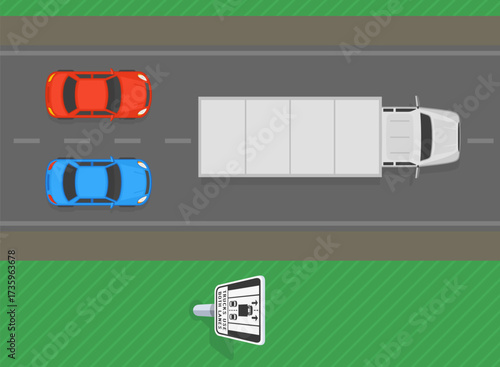 Traffic regulation rules and tips. Canadian "trucks use both lanes" sign area. Top view of a traffic flow.  Lorry moving on a narrow road. Flat vector illustration template.