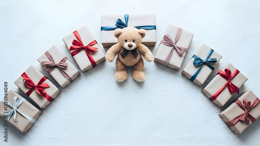 Fototapeta premium A teddy bear sits surrounded by wrapped gifts tied with colorful ribbons, arranged in a semi-circle on a light surface.