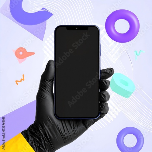 A person wearing sleek black gloves is holding a modern iPhone, showcasing the device's shiny screen and elegant design against a blurred background.