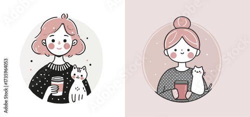 Two women are enjoying warm beverages while holding cats, set against soft colored backgrounds. The overall atmosphere feels warm and inviting, perfect for cat lovers.