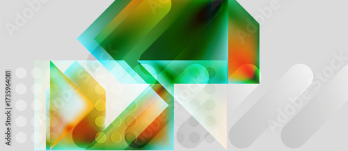 Abstract geometric shapes overlap, creating vibrant color gradients. Design features translucent layers, circles, modern aesthetic.