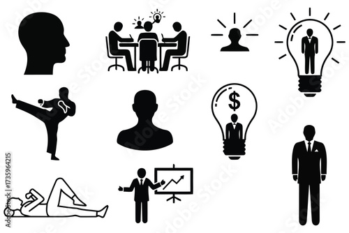 Vector art of a collection of black silhouette icons depicting business concepts, including ideas, meetings, presentations, and personal development
