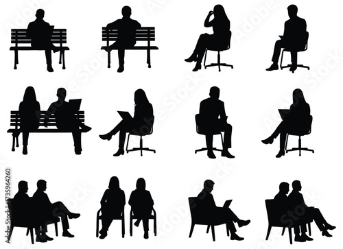Silhouettes of people sitting on benches and chairs using laptops and talking on the phone isolated
