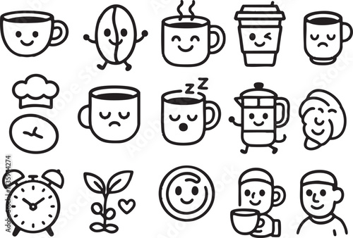 Vector icon set of 15 coffee essentials, bold dark outline, clean minimal stroke, white background, no color, no gradient, consistent line weight, professional modern icon pack.