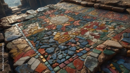 Colorful mosaic floor in ruins