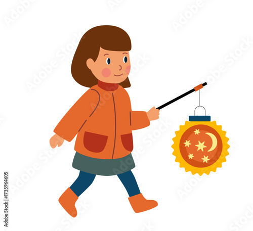 Girl walking with autumn lantern, wearing warm clothes, flat cartoon illustration. Saint Martin’s Day celebration