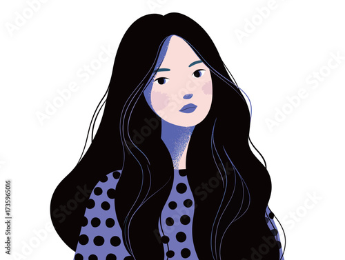 A young woman with long black hair and a serious expression is depicted in a vibrant digital illustration. She wears a polka dot shirt and has striking features.