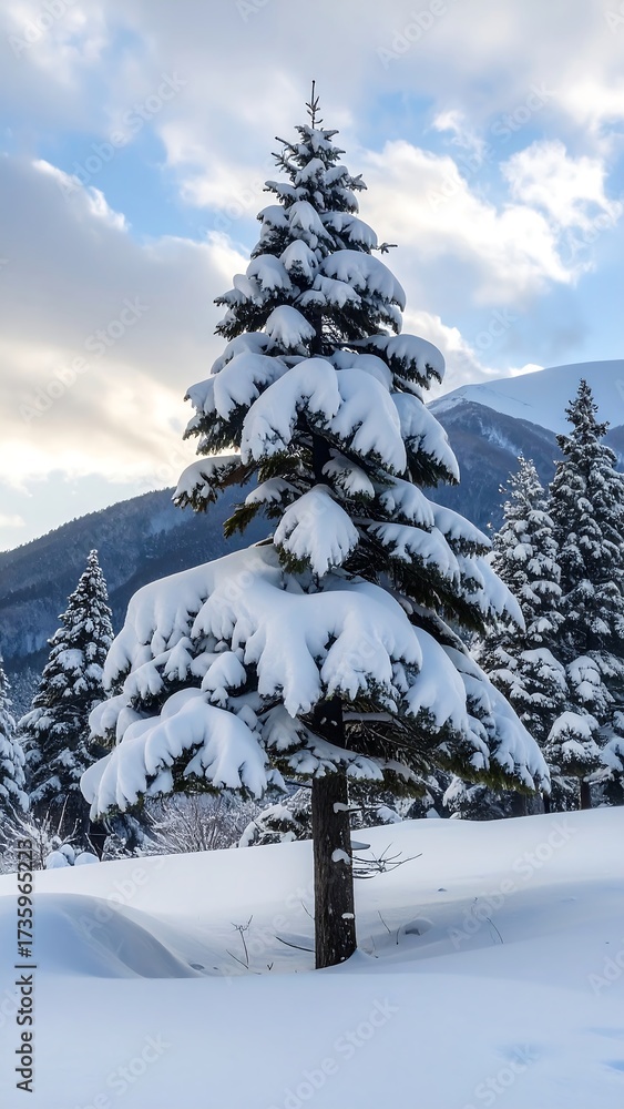 Fototapeta premium Snowy pine tree in a winter landscape