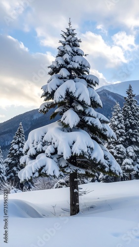 Snowy pine tree in a winter landscape