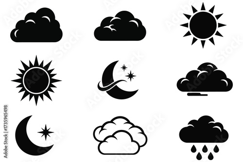 Vector art of set of black and white weather icons, including sun, moon, cloud, and rain symbols, perfect for weather forecast or meteorological design