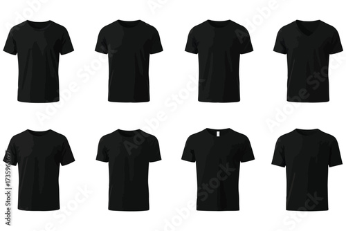 Vector art of collection of black tshirts, showcasing various styles and necklines, perfect for fashion mockups, design templates, and apparel presentations