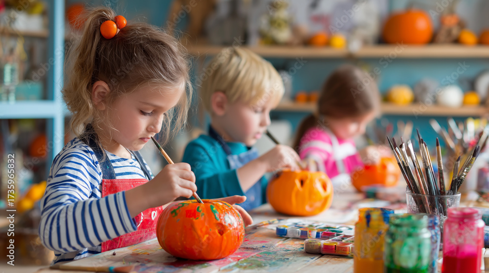 Fototapeta premium Kids making Halloween pumpkin crafts